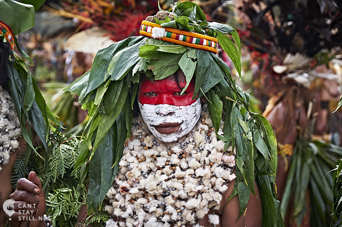 leaves, facepaint, feathers and seed beads outfit for the Mt. Hagen Show in Papua New Guinea PNG